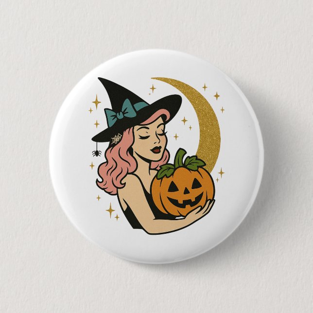 Vintage Hexe mit Kürbis Halloween Button (Vorderseite)