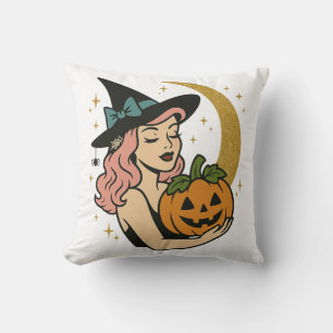 Vintage Hexe mit Kürbis Halloween Kissen