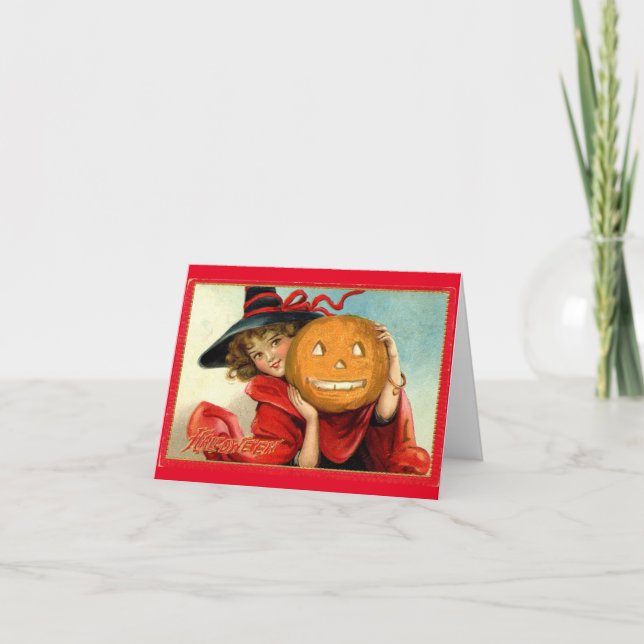 Vintage Hexe mit KürbisHalloween-Grußkarte Karte (Vorderseite)