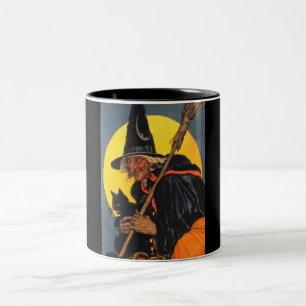 Vintage Hexe mit schwarzer Katze Zweifarbige Tasse