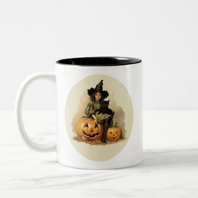 Vintage Hexe mit schwarzer Katze Zweifarbige Tasse (Links)