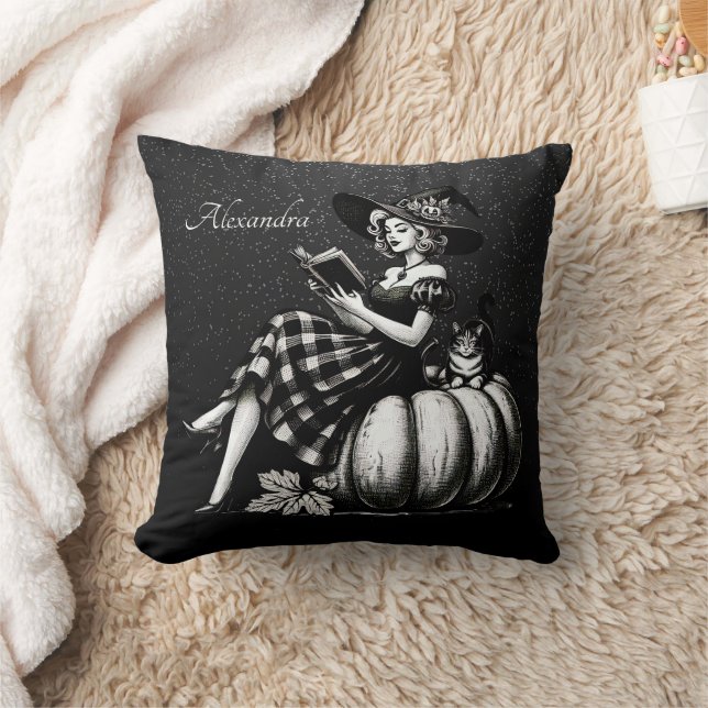 Vintage Hexe Schwarz und Weiß lesen Kissen (Decke)