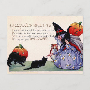 Vintage Hexe schwarze Katze Eule Halloween Postkar Postkarte