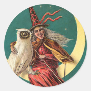 Vintage Hexe und Eule Aufkleber