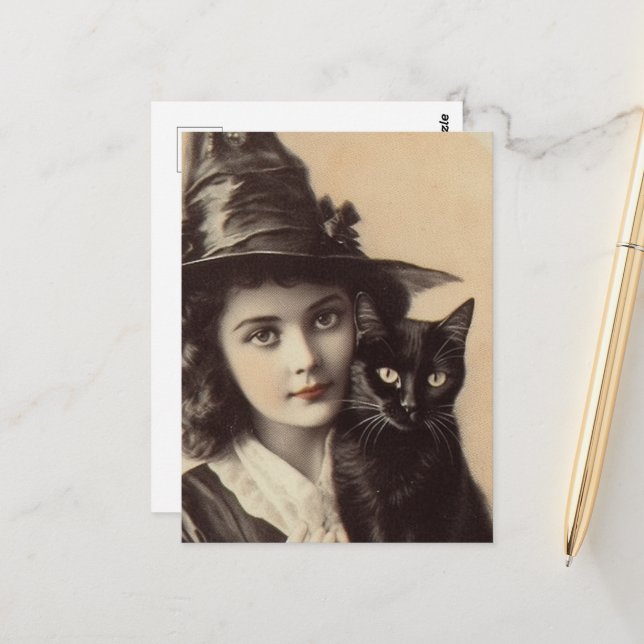 Vintage Hexe und ihre schwarze Katze Postkarte (Vorderseite/Rückseite Beispiel)