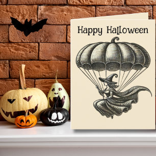 Vintage-Hexe und Kürbis-Fallschirm Halloween-Foto Feiertagskarte