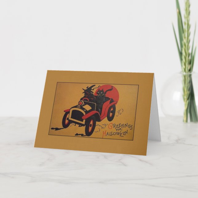 Vintage Hexe und schwarze Katze auf Autokarte Karte (Vorderseite)