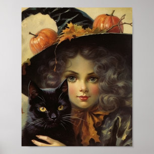 Vintage Hexe und Schwarze Katze Halloween Poster