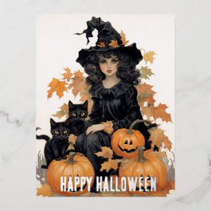 Vintage Hexe und Schwarze Katzen Halloween Folien Feiertagspostkarte