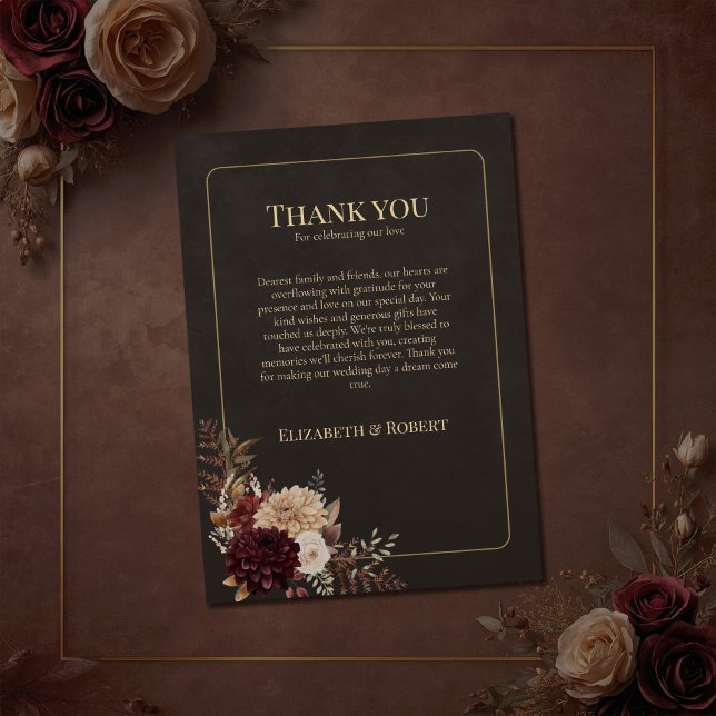 Vintage Hexen-Blumen-Hochzeit-Dankeschön-Karte Dankeskarte (Vintage Witchy Floral Wedding Thank You Card on a brown vintage wedding table with flowers)