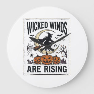 Vintage Hexen Halloween Besenstiel Kürbis Mond Kun Große Wanduhr