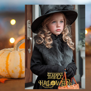 Vintage Hexen Halloween Foto Goldener Kürbis Folien Feiertagskarte