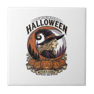 Vintage-Hexen-Halloween-Kürbis-Mond-Gravur-Kunst Fliese