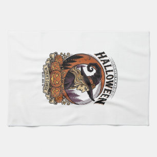Vintage-Hexen-Halloween-Kürbis-Mond-Gravur-Kunst Geschirrtuch
