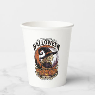 Vintage-Hexen-Halloween-Kürbis-Mond-Gravur-Kunst Pappbecher