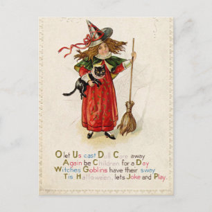 Vintage-Hexen-Schwarze-Katze-Feiertags-Postkarte Feiertagspostkarte