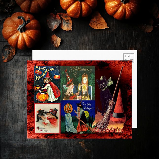 Vintage Hexen Schwarze Katzen Collage Große Postka Einladung (Vintage Witches Black Cats Collage Large Postcard)