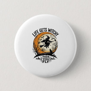 Vintage-Hexen-Shirt Retro-Halloween fliegende Hexe Button