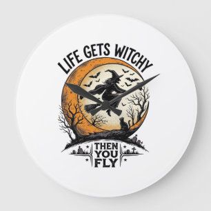Vintage-Hexen-Shirt Retro-Halloween fliegende Hexe Große Wanduhr
