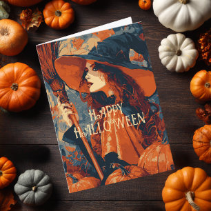 Vintage Hexenbesen Kürbis Elegantes Halloween Karte