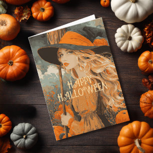 Vintage Hexenbesen Kürbis Elegantes Halloween Karte
