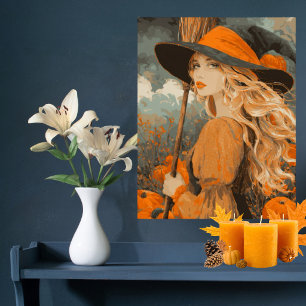 Vintage Hexenbesen Kürbis Elegantes Halloween  Poster
