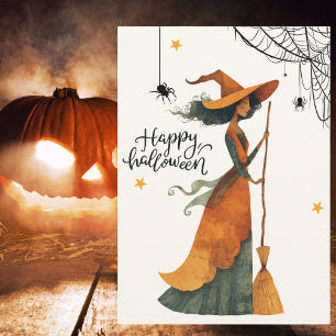Vintage Hexenbesen Spinne Gothic Halloween Feiertagskarte