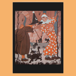 Vintage Hexenclown und schwarze Katzen Halloween  Karte