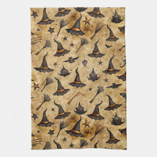 Vintage Hexenhats & Broomsticks Halloween Muster Geschirrtuch