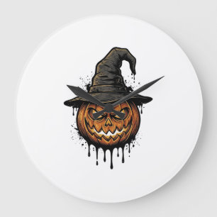 Vintage Hexenhut Kürbis Halloween Grafik_1 Große Wanduhr