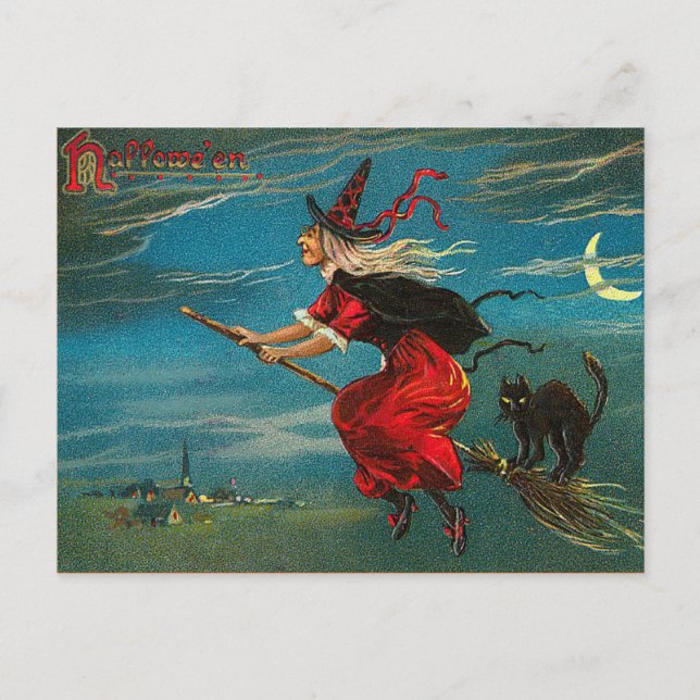 Vintage Hexenkarte, Halloween, Schwarze Katze Postkarte (Vorderseite)
