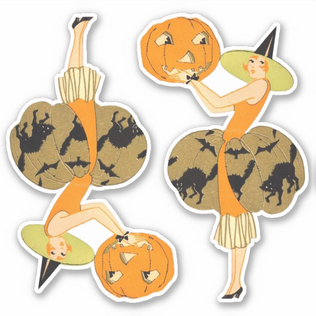 Vintage Hexenkunst-Deco-Hexe und KürbisHalloween Aufkleber (Vorderseite)