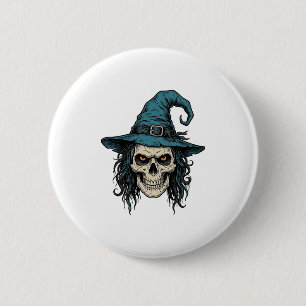 Vintage-Hexenschädel-Halloween-Vektor-Shirt-Design Button