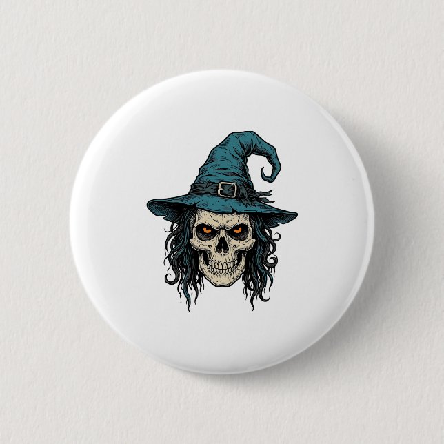 Vintage-Hexenschädel-Halloween-Vektor-Shirt-Design Button (Vorderseite)
