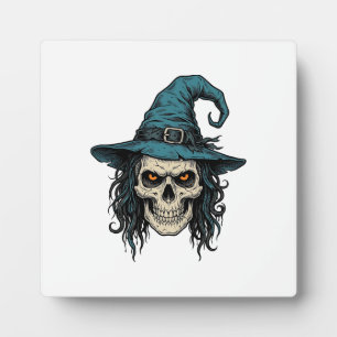 Vintage-Hexenschädel-Halloween-Vektor-Shirt-Design Fotoplatte