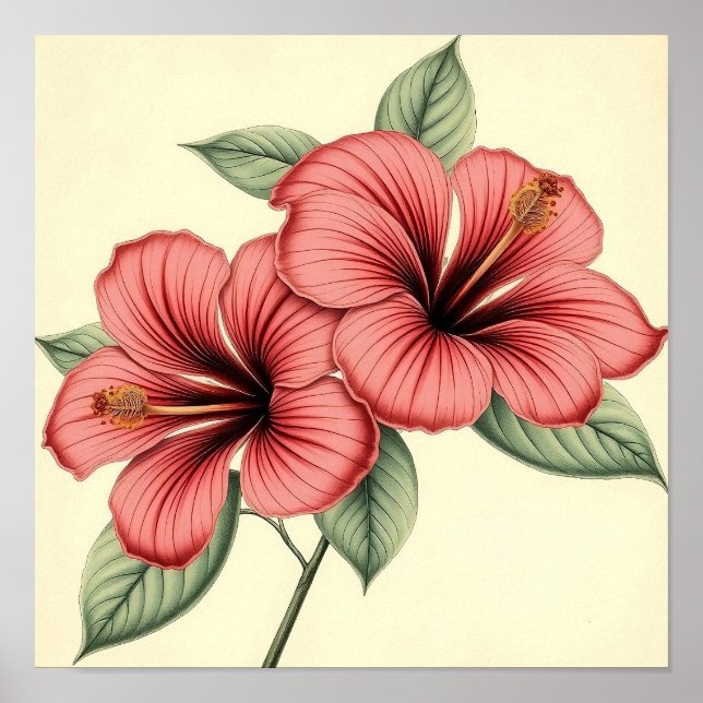 Vintage Hibiscus on Weathered Paper Poster (Vorne)