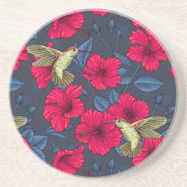 Vintage Hibiskus Botanik und Kolibri Getränkeuntersetzer (Vorne)