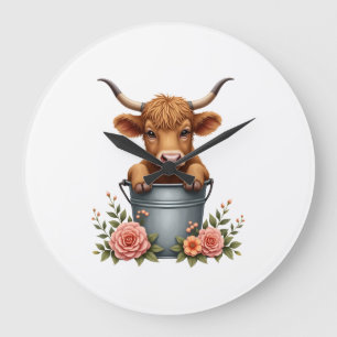 Vintage Highland Cow Blumenmarkt-Design mit Blumen Große Wanduhr