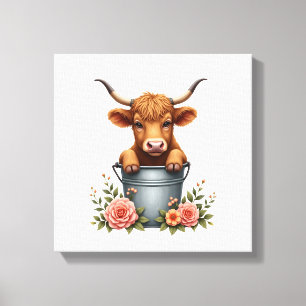 Vintage Highland Cow Blumenmarkt-Design mit Blumen Leinwanddruck