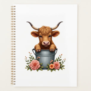 Vintage Highland Cow Blumenmarkt-Design mit Blumen Planer