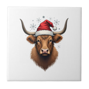 Vintage Highland Cow Weihnachtsdesign mit Santa H Fliese