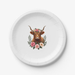 Vintage Highland-Kuh Blumenkrone Boho Farmhaus A Pappteller