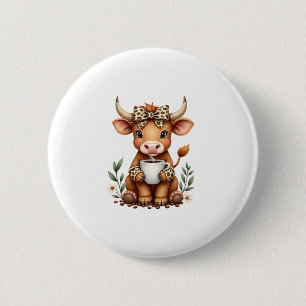Vintage Highland-Kuh Coffee-Liebhaber Wasserfarbe Button