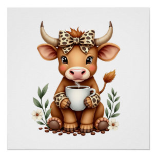 Vintage Highland-Kuh Coffee-Liebhaber Wasserfarbe  Poster