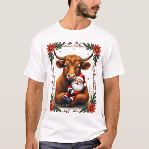 Vintage Highland-Kuh Santa Umarmung Weihnachten Ru T-Shirt