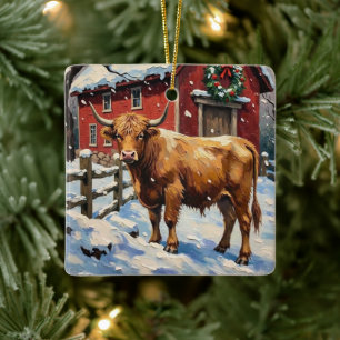 Vintage Highland-Rind am schneebedeckten Weihnacht Keramikornament