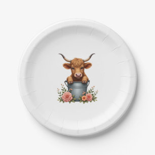 Vintage Highland-Rind Blumenmarkt-Design mit Blume Pappteller