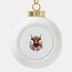 Vintage Highland-Rind Floralkrone Boho Farmhaus A Keramik Kugel-Ornament