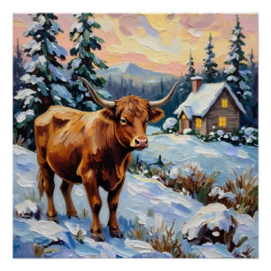 Vintage Highland-Rind in schneebedeckter Weihnacht Poster