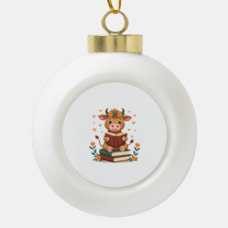 Vintage Highland-Rind liest Bücher Floral Süße Büc Keramik Kugel-Ornament